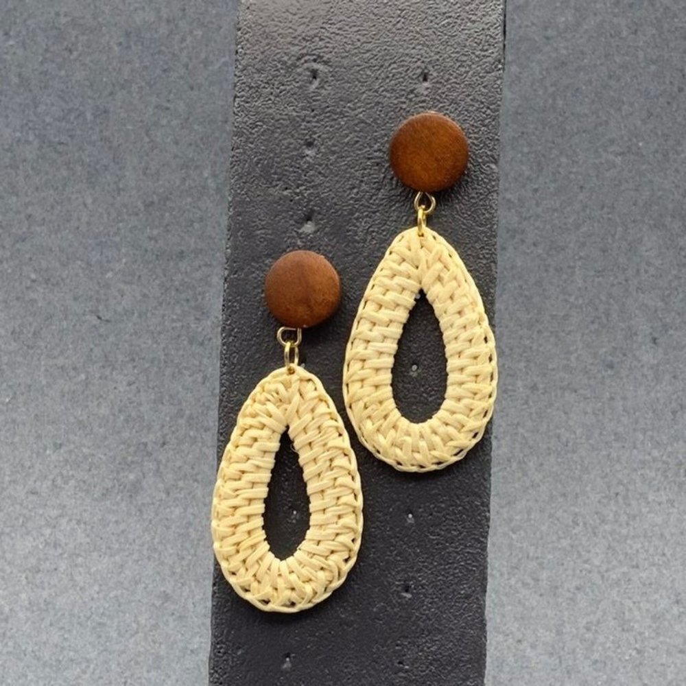 White Woven Teardrop Earrings Pierced Dangle Wood Circle Retro BoHo